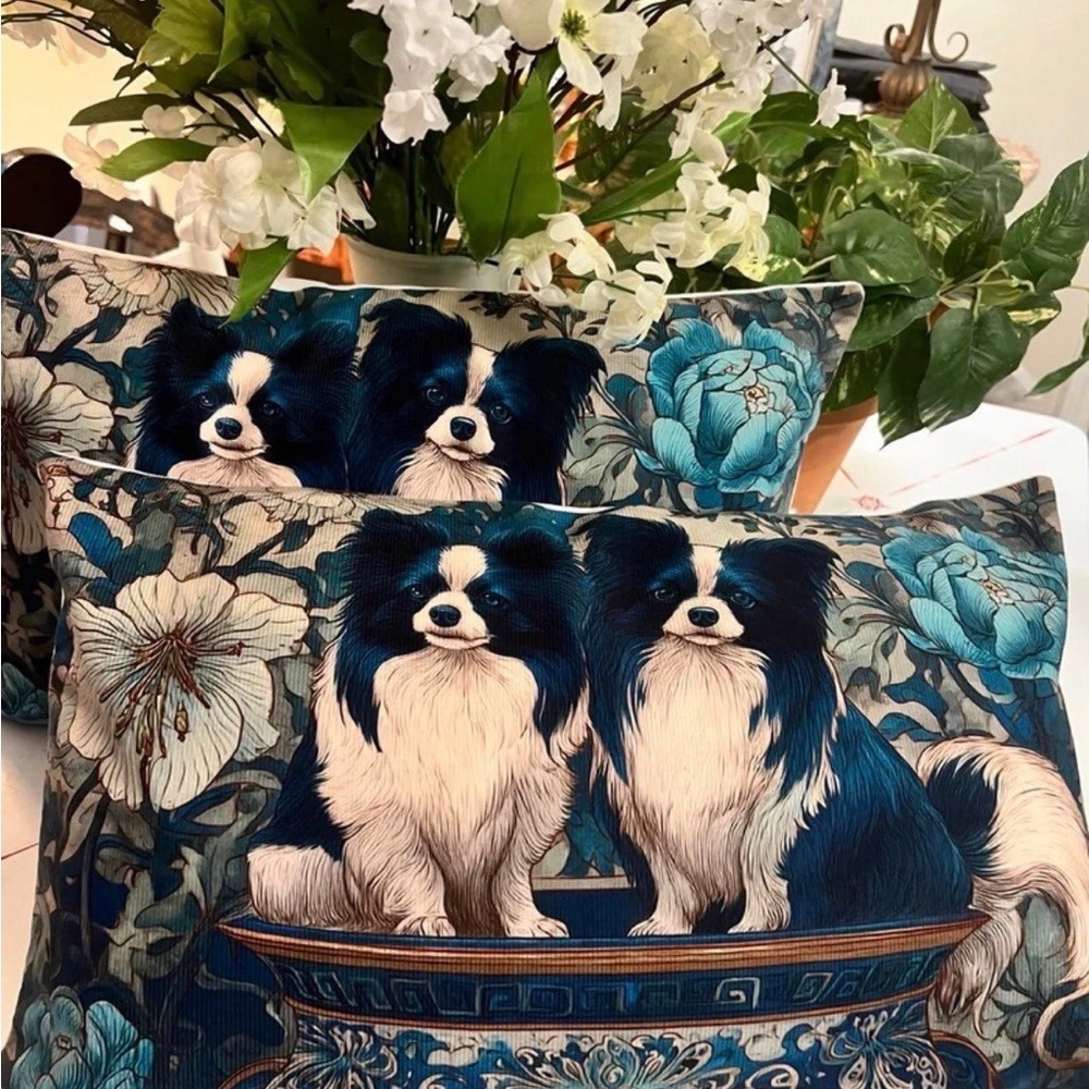 New Set of 2 Chinoiserie Dog Floral Pattern pillow covers. Zipper Closure